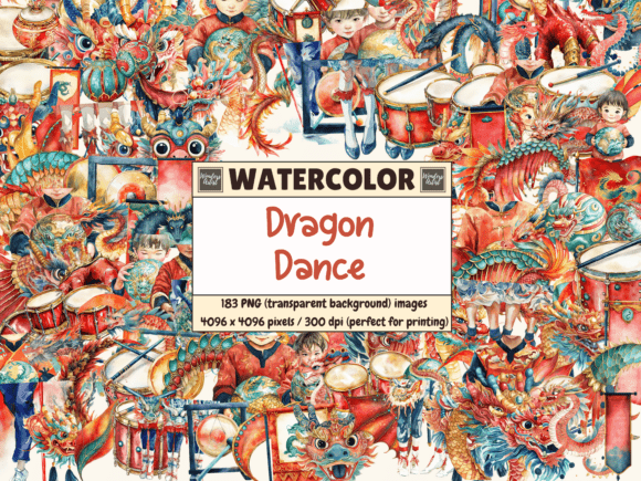 Celebrate in Festive Motion with Dragon Dance Watercolor Clipart